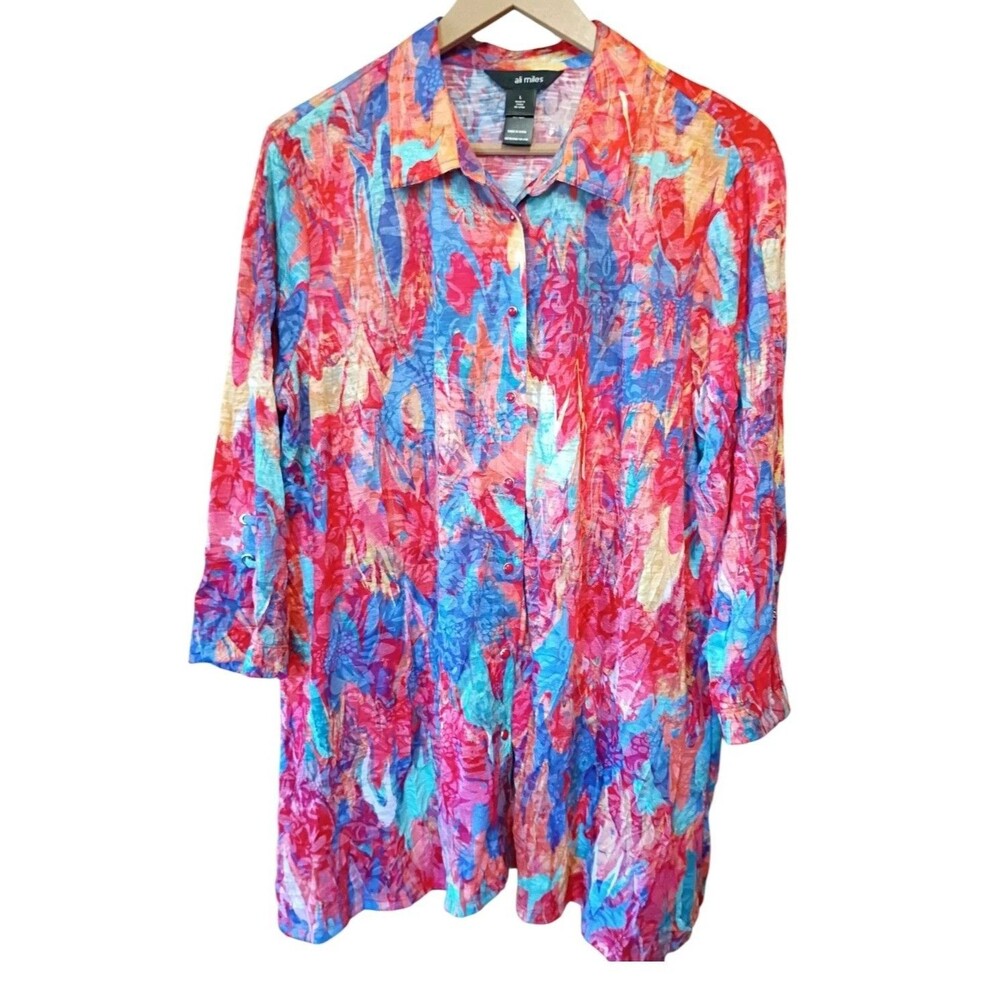 Ali Miles Top Colorful Snap Art To Wear  Boho Artsy 3/4 Travel Resort Size Large